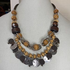 Fun double layered wood bead silvertone dangles necklace